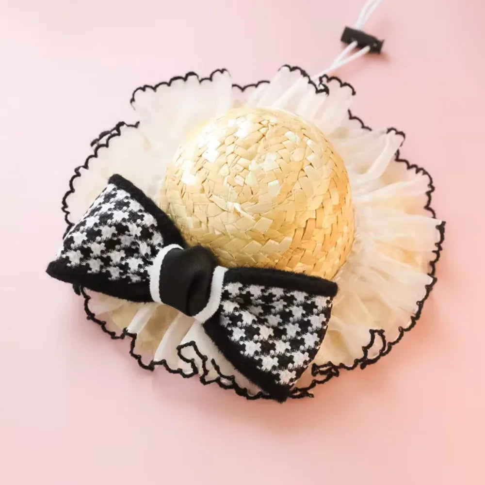 Ins  Dog Hat Pet Clothes Accessories Weave Lace  Sunshade Cute Pet Straw Hat  High   Provide Dog step Corbata para mascotas Ties