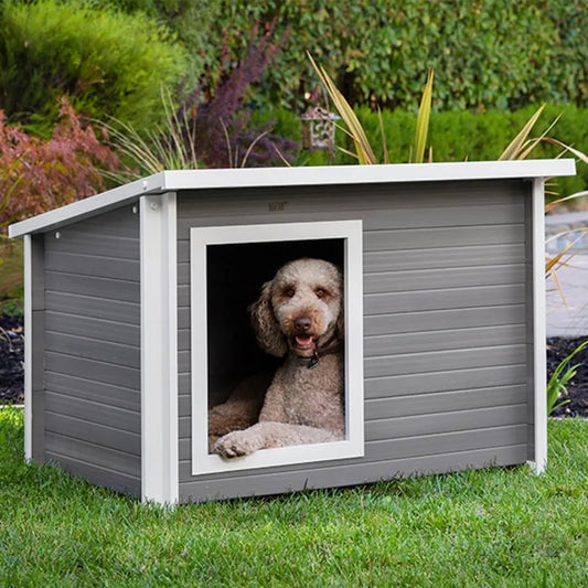 Pet ECOFLEX Rustic Lodge XL Dog House - Grey, Wood Plastic Composite, Easy Assembly, Elevated Floor, Fits Dogs Up to 150