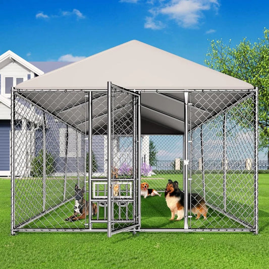 10 x 15FT Large Outdoor Dog Kennel with Bowls, Dog Kennel Outside with Waterproof Cover Roof, Galvanized