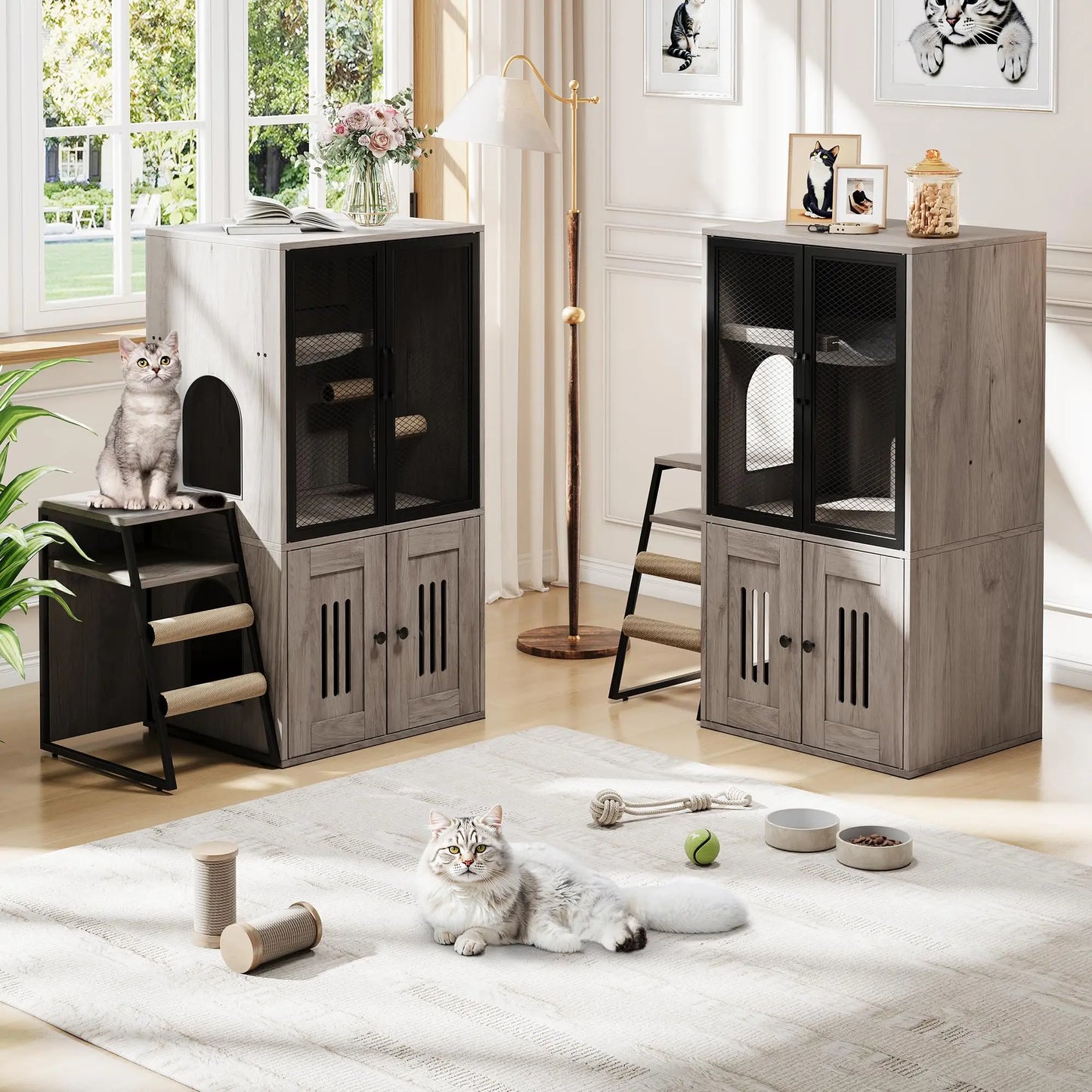 Multifunctional Cat Litter Box Furniture Enclosed With Doors Storage Sisal Ladder Playhouse Odor Control Easy Clean