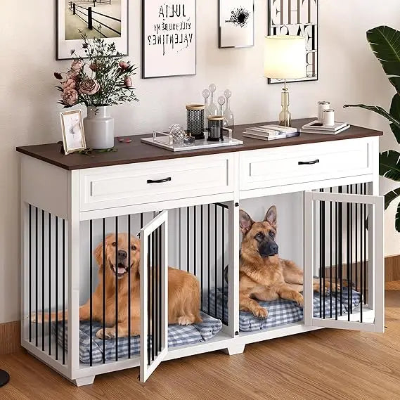 large dog crate furniture, 72.4" wooden dog crate kennel with 2 drawers and divider, xxl heavy duty dog crates cage furniture f