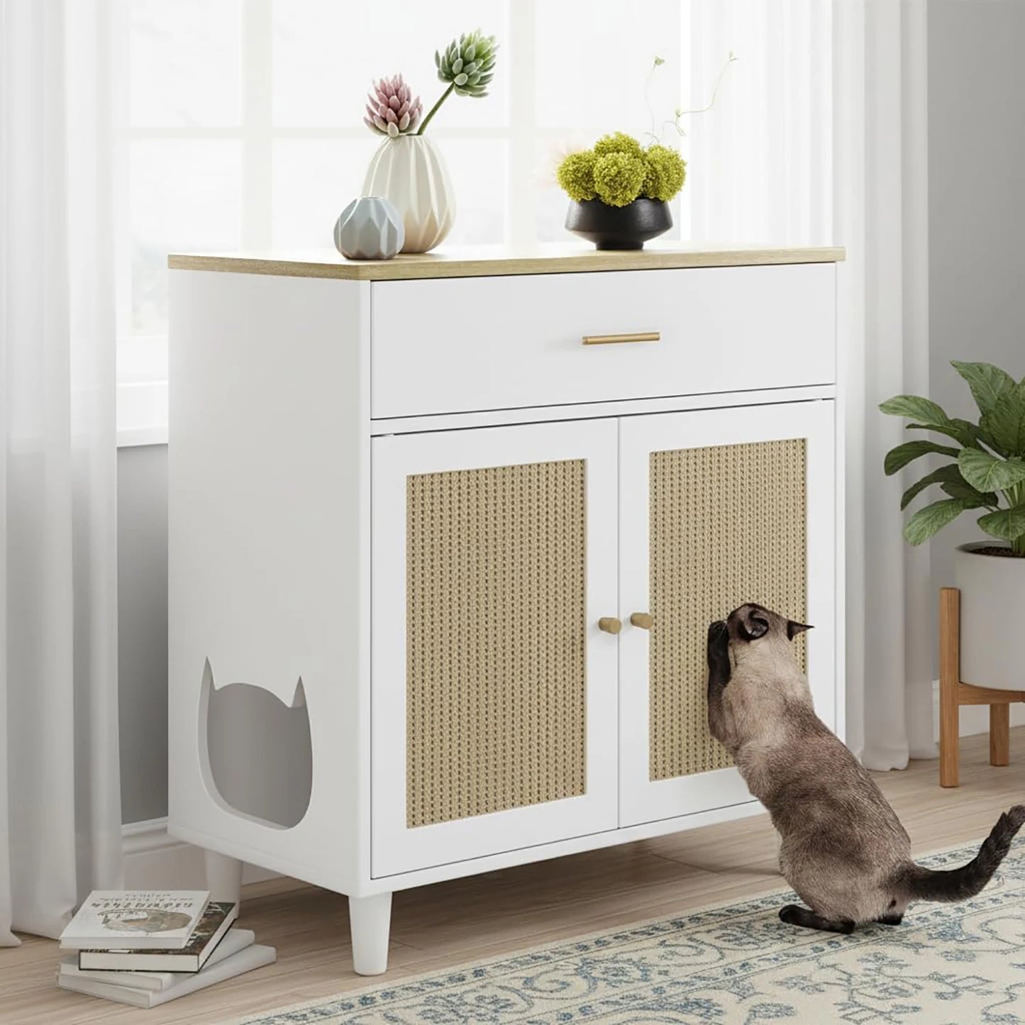 Hidden Cat Litter Box Enclosure Wooden Corner Cabinet Large Storage Drawer & Sisal Scratching Doors Cat Washroom Side Table