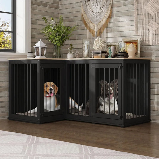 Corner Dog Crate Furniture for 2 Dogs, Indoor Wooden Furniture Style Heavy Duty Large Dog Kennel House with Double Rooms