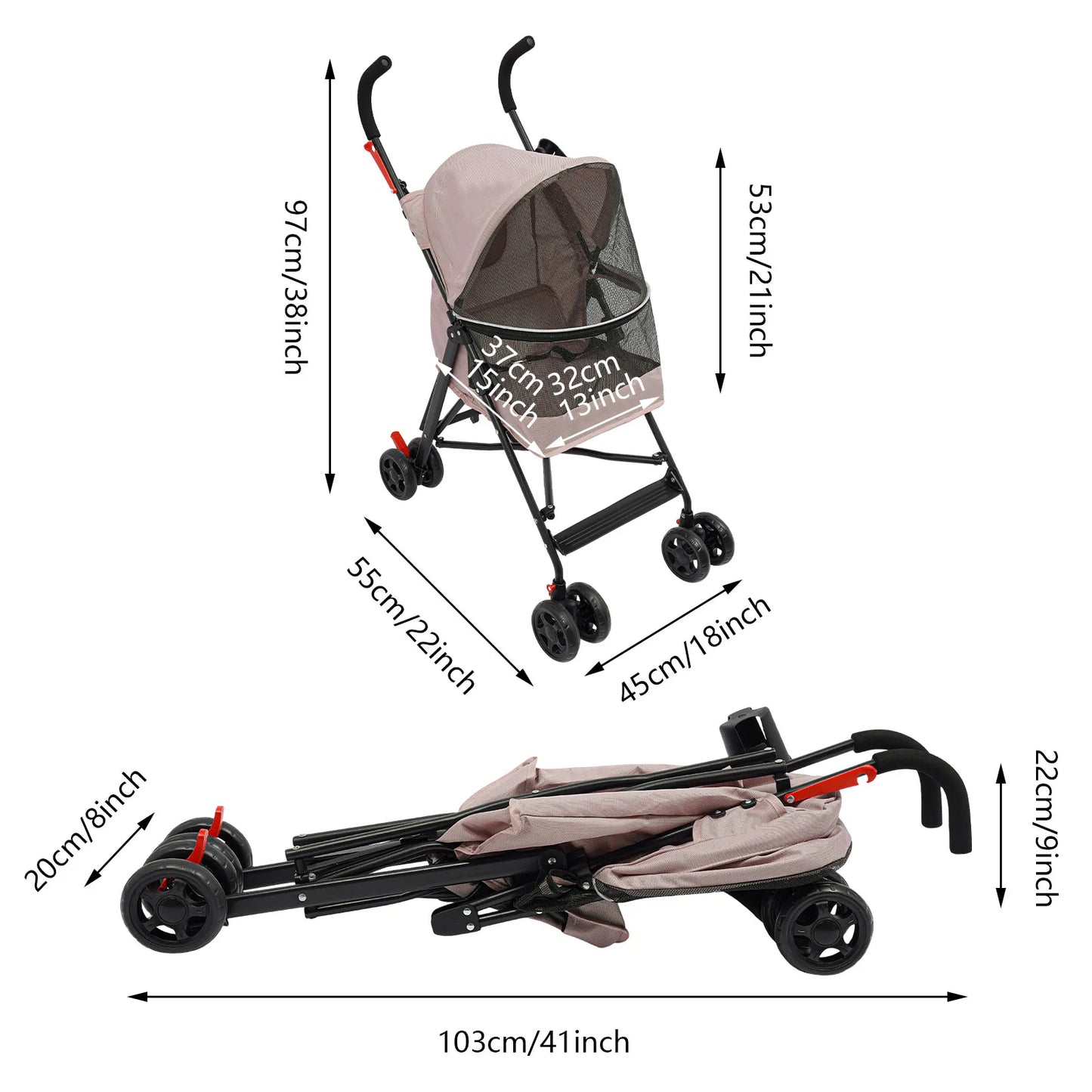 Pet Stroller for Small Dogs Cats, Lightweight Foldable Puppy Stroller with 360° Wheels, Safety Leash, 22lbs Capacity