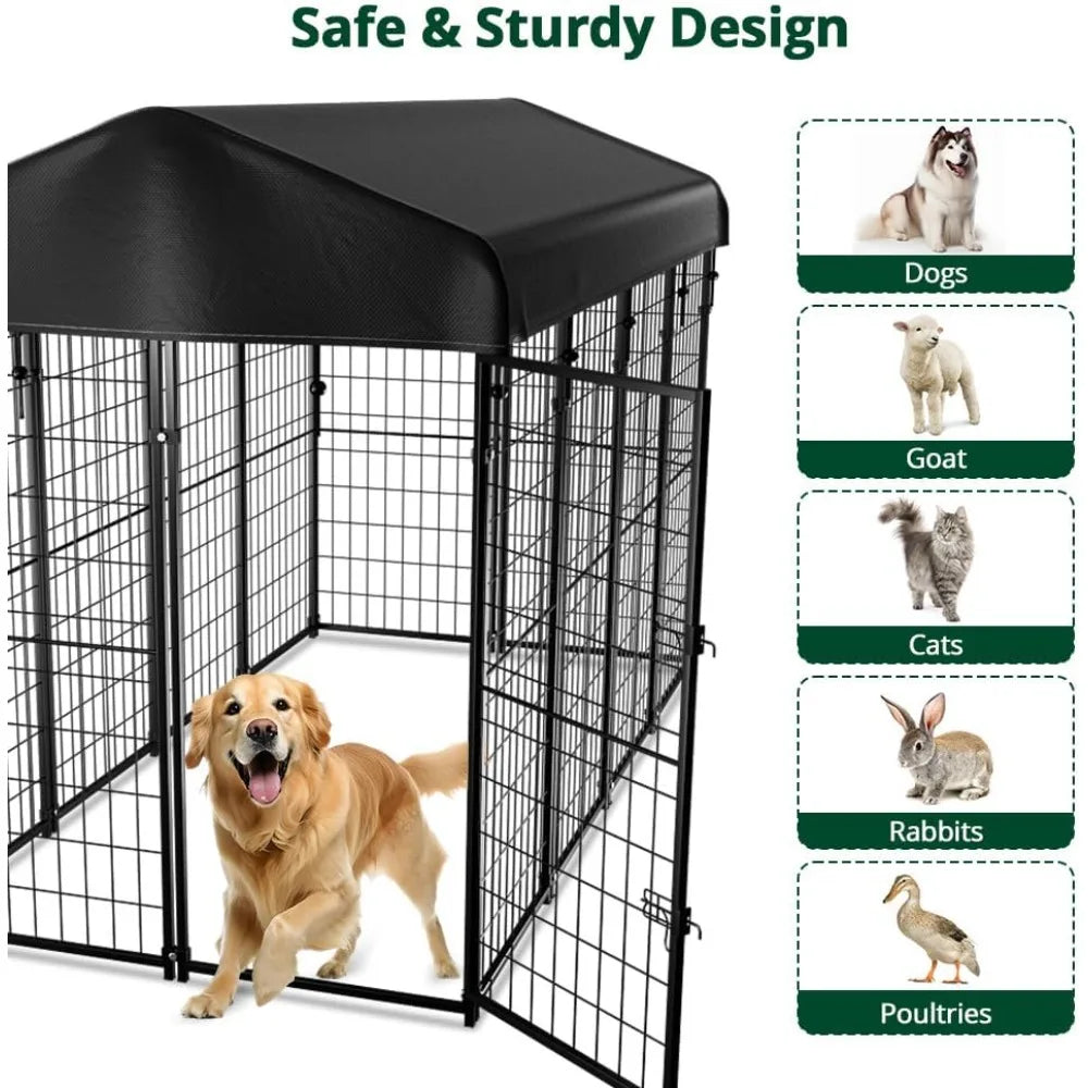 dog kennel outside with roof, 8'x6'x4' outdoor dog kennels for large dogs, heavty duty welded dog crate playpen with uv-resistan