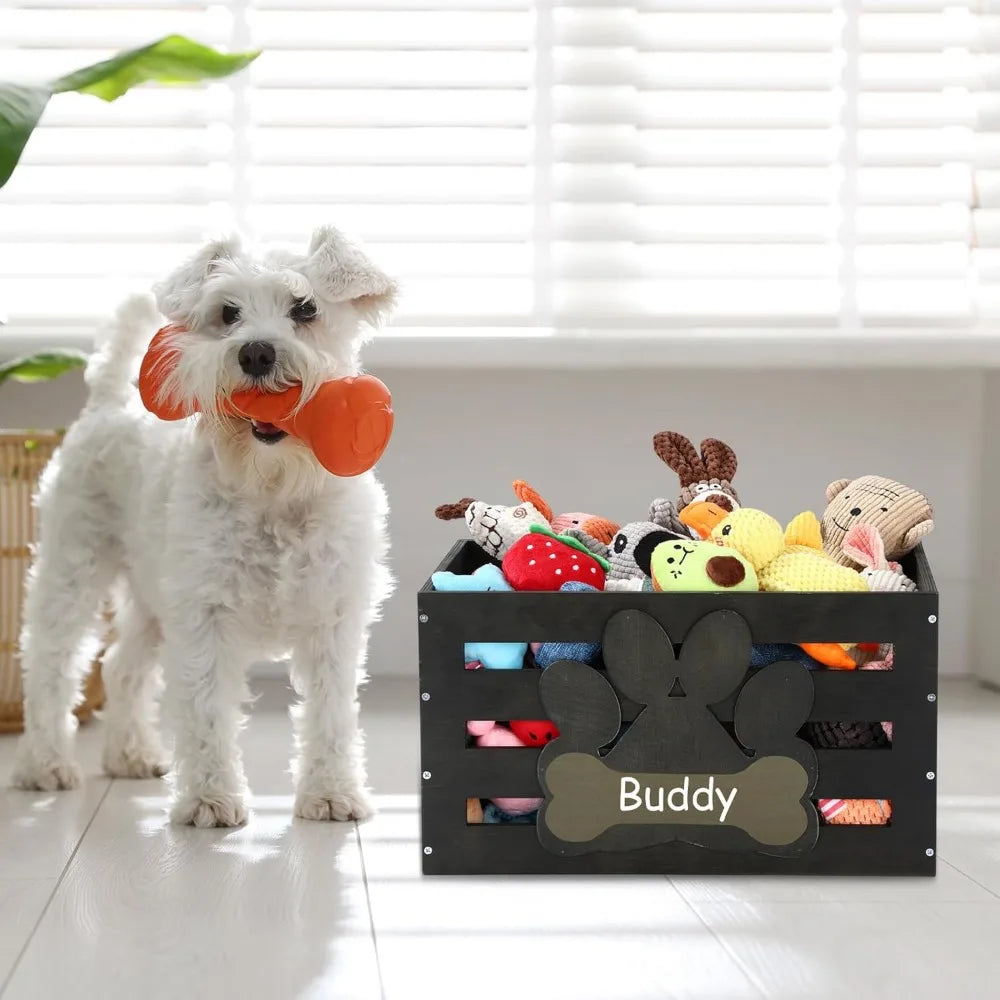 Large Dog Toy Basket Wood Dog Toy Bin Storage Baskets Box with Handles and Label Position Design Large Organizer with Paw Patter