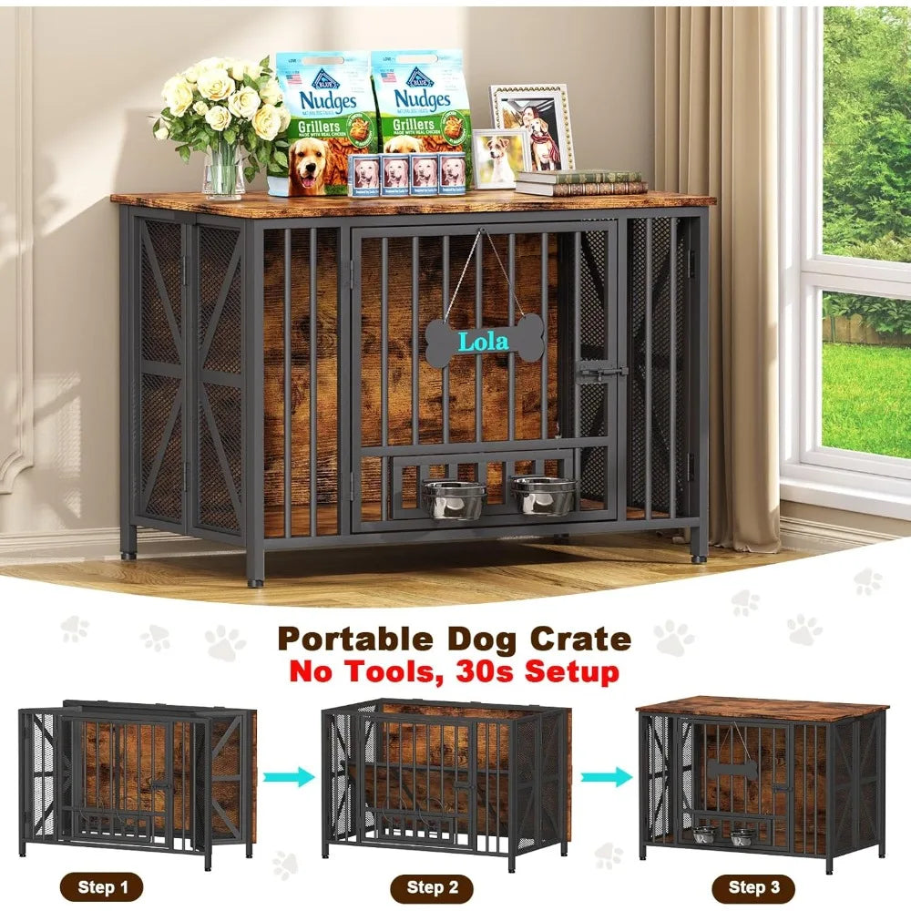 foldable large dog crate furniture, 41.3" assembly-free dog crates for large dogs, wooden dog kennel indoor with tag & dog bowl