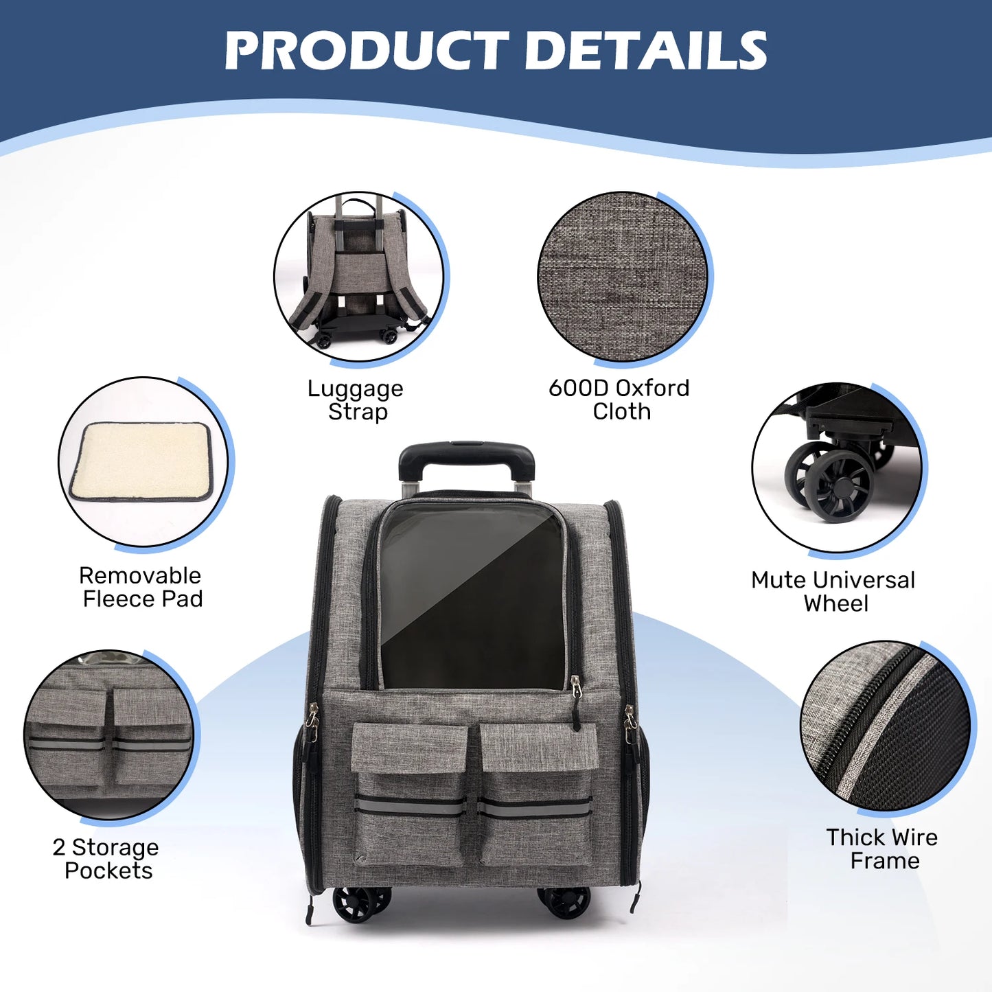 Rolling Pet Carrier Backpack with Removable Wheels, Large Pet Carrier with Wheels, Foldable Rolling Dog Carrier with Wheels