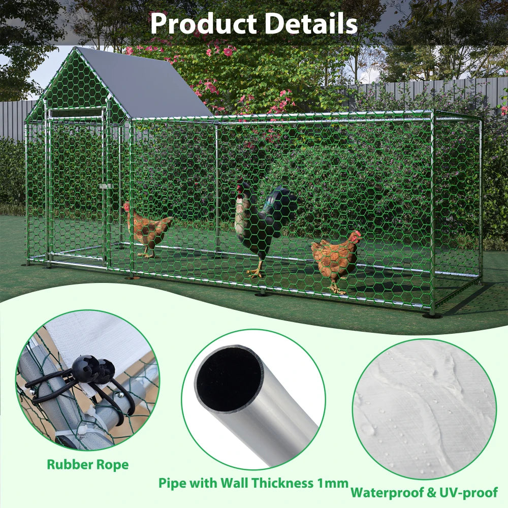10x3FT Metal Chicken Coop Run Backyard Hen House Poultry Habitat Cage Play Pen Heavy Duty Dog Exercise Fence for Dog Cat Rabbit