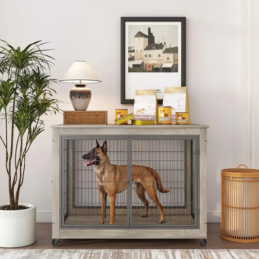 Dog Crate Furniture, Wooden Dog Crate Table, 43.7" Dog Kennel with 3 Doors, Flip-up Top Opening and Wheels, Decorative Pet Crat