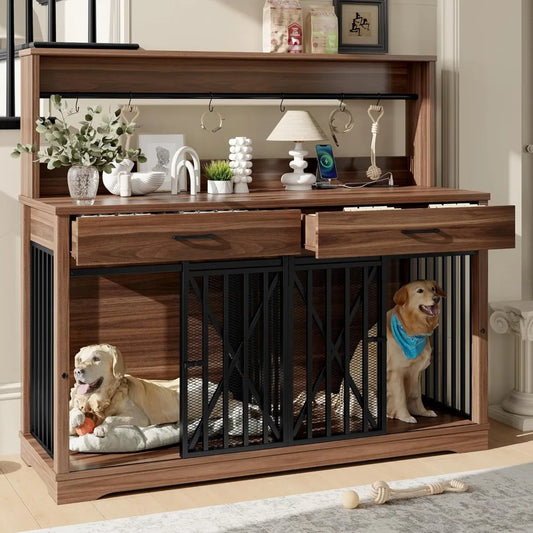 55.1" Dog Crate Furniture Heavy Duty Dog Cage with 2 Storage Drawers and Shelves TV Stand Side End Table Divider Locks
