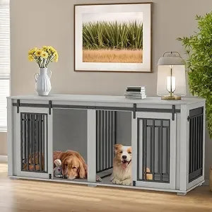 Large Dog Crate Furniture for 2 Dogs, 71.6'' Steel Frame Dog Crate with Double Doors, Heavy Sturdy Dog Kennel for Small Medium L