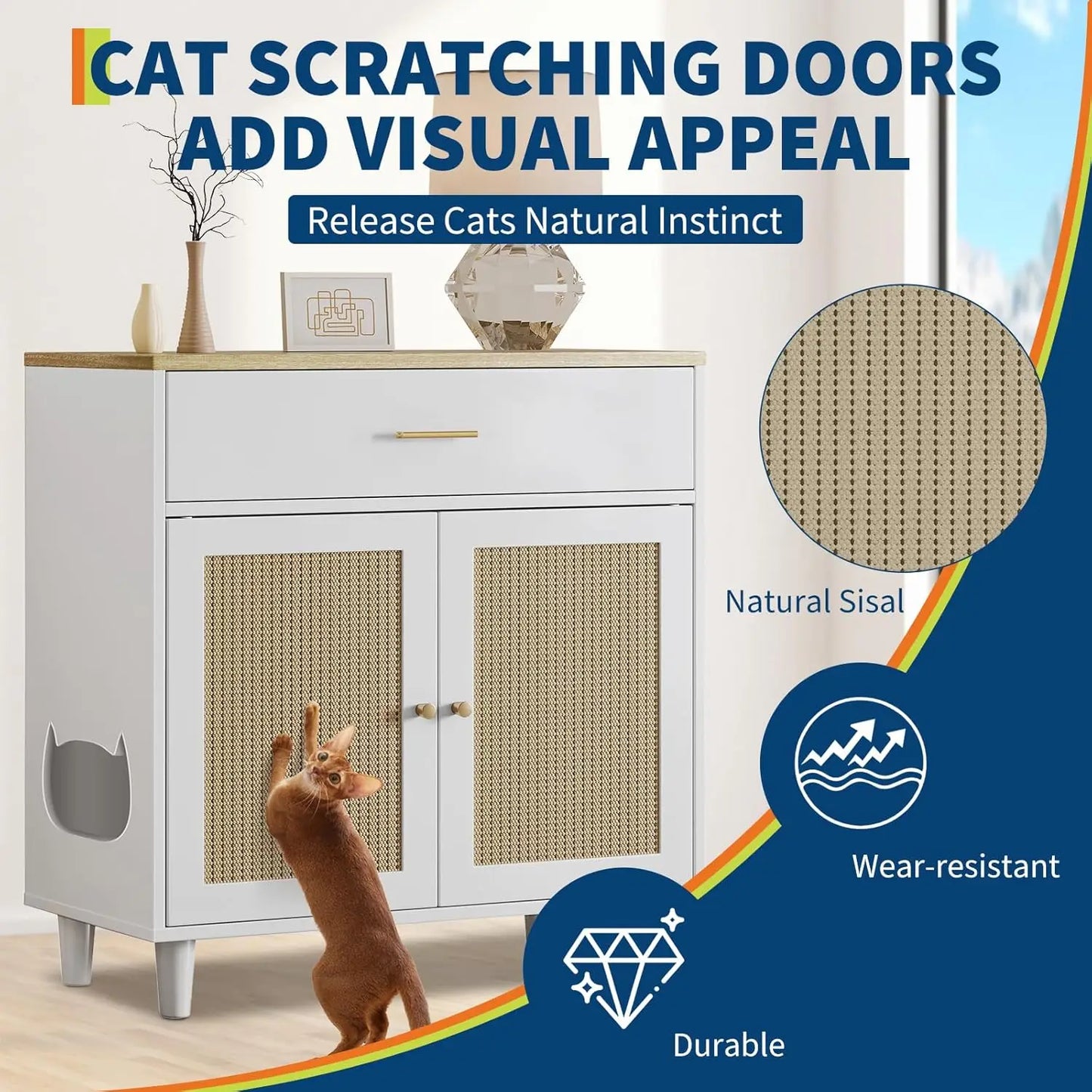 Hidden Cat Litter Box Enclosure Wooden Corner Cabinet Large Storage Drawer & Sisal Scratching Doors Cat Washroom Side Table