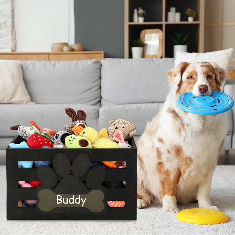 Large Dog Toy Basket Wood Dog Toy Bin Storage Baskets Box with Handles and Label Position Design Large Organizer with Paw Patter