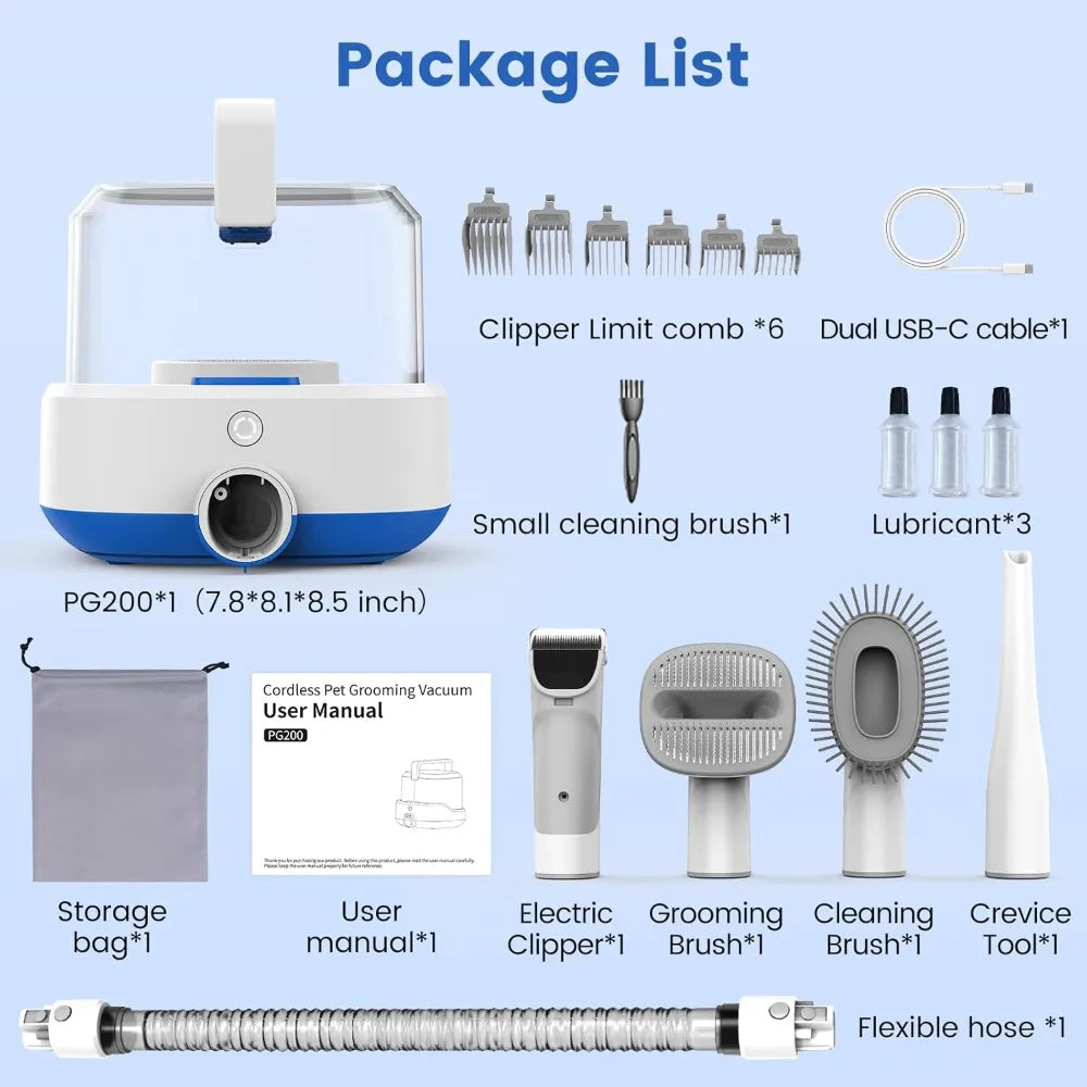 Rechargeable Dog Vacuum for Shedding Grooming, 4000mAh Cordless Dog Grooming Kit with 4 Tools, 3L Dust Cup