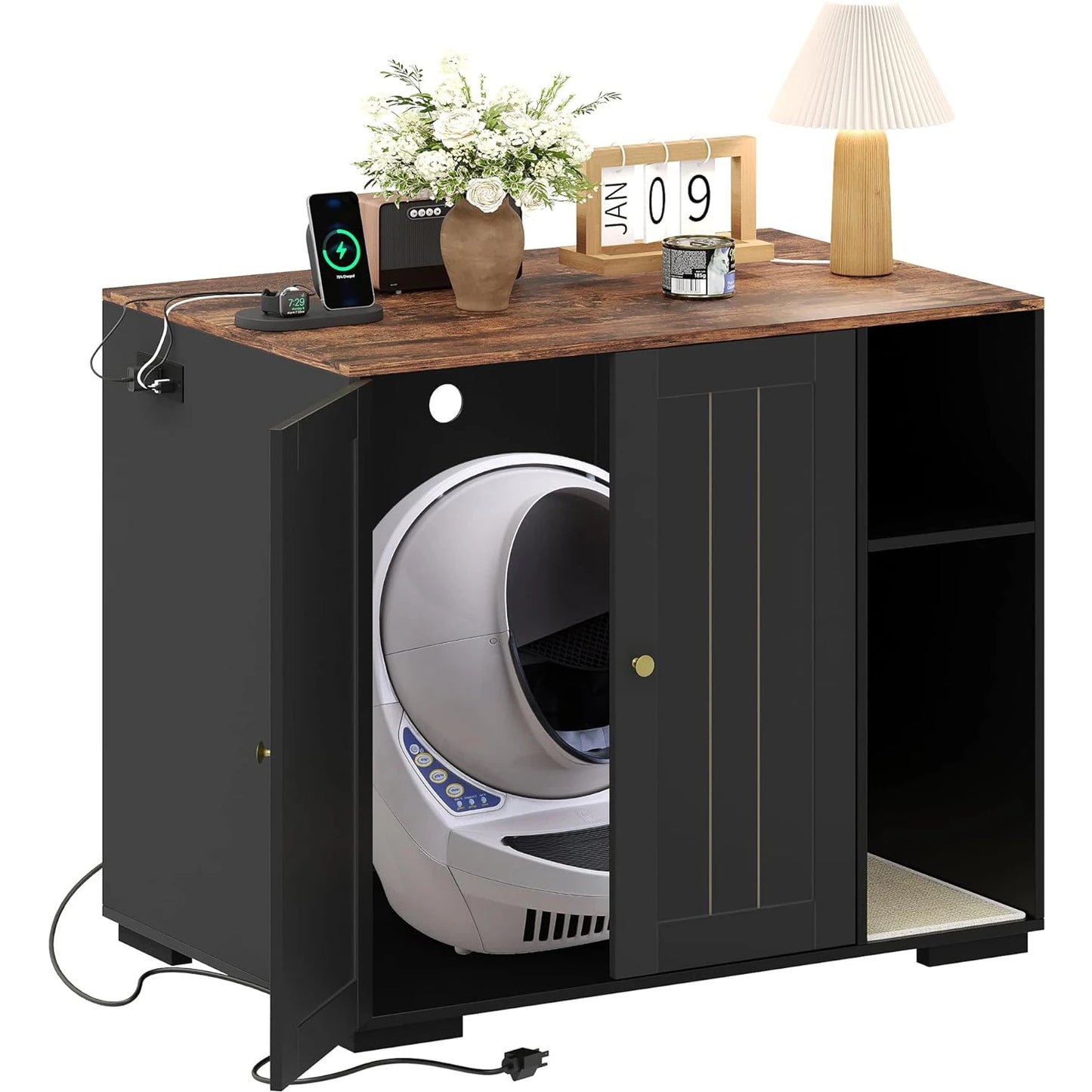 Cat Litter Enclosure For Litter Robot 3/4 Automatic Litter Box Dog-Proof Shelf Power Outlet Litter Collector Easy Assembly