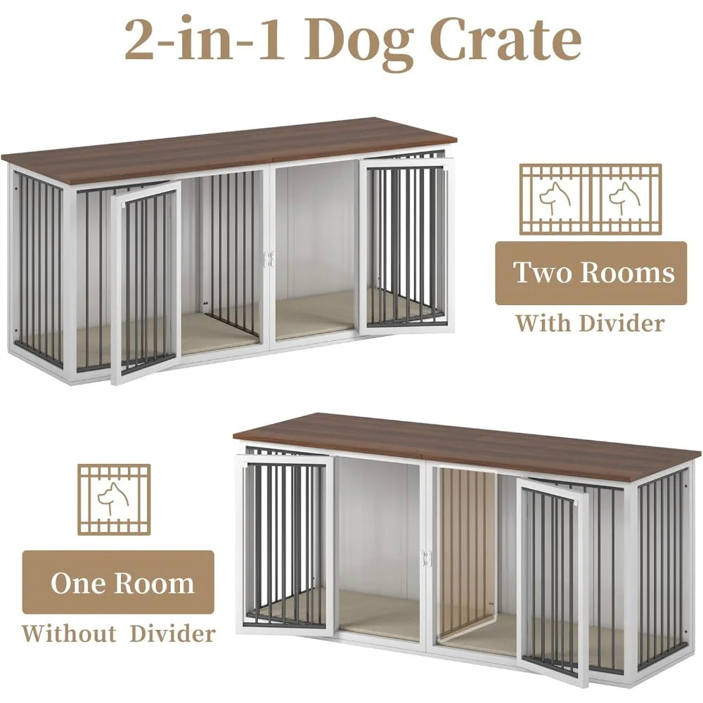Large Dog Crate Furniture for 2 Dogs, 71.6'' Steel Frame Dog Crate with Double Doors, Heavy Sturdy Dog Kennel for Small Medium L