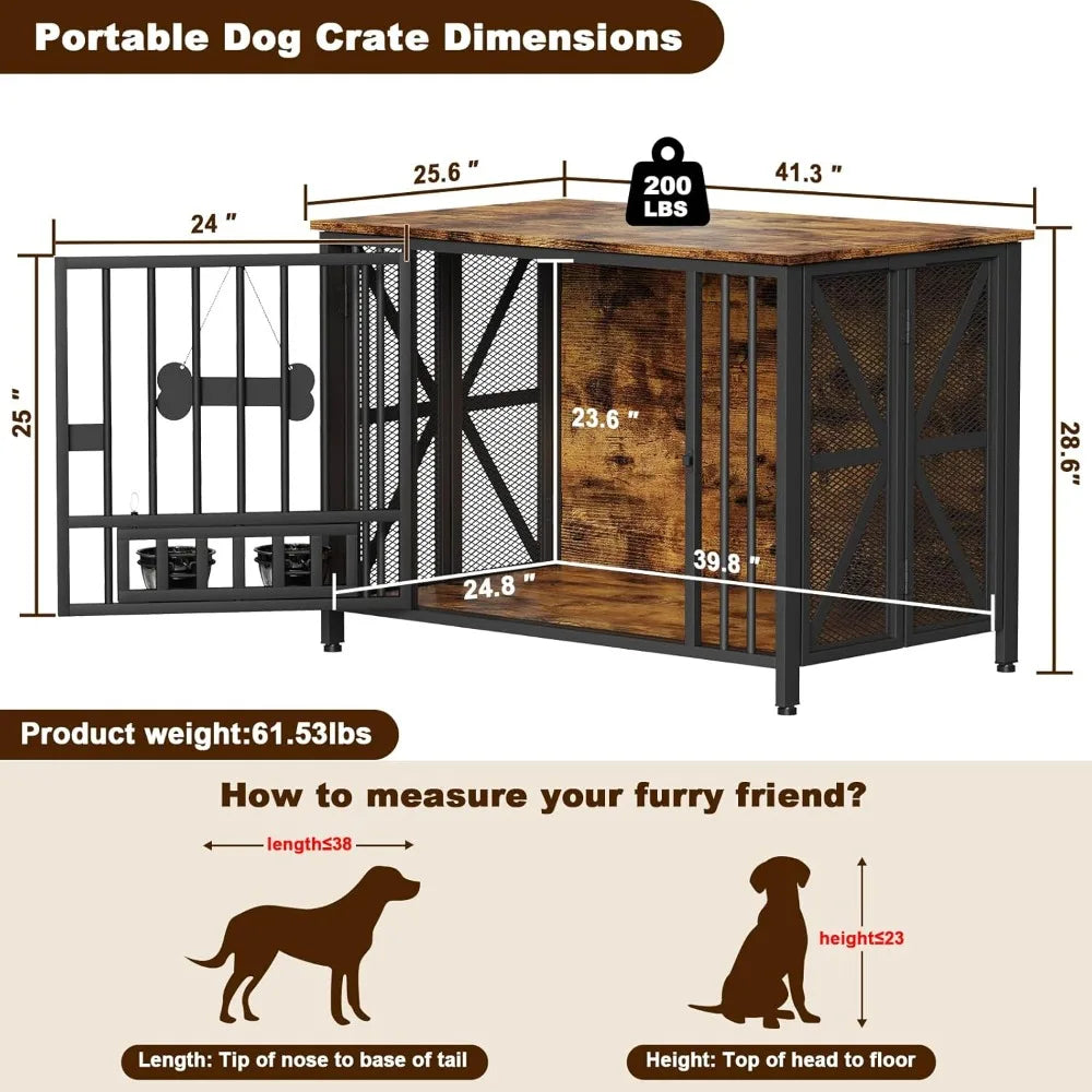 foldable large dog crate furniture, 41.3" assembly-free dog crates for large dogs, wooden dog kennel indoor with tag & dog bowl