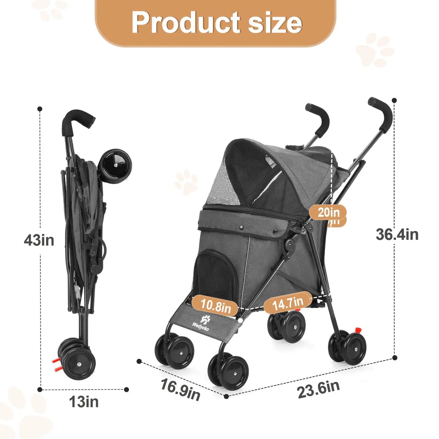 Travel Portable Dog Stroller, Pet Stroller for Small Puppy Dogs & Cats, Up to 33 lbs, Dark Grey