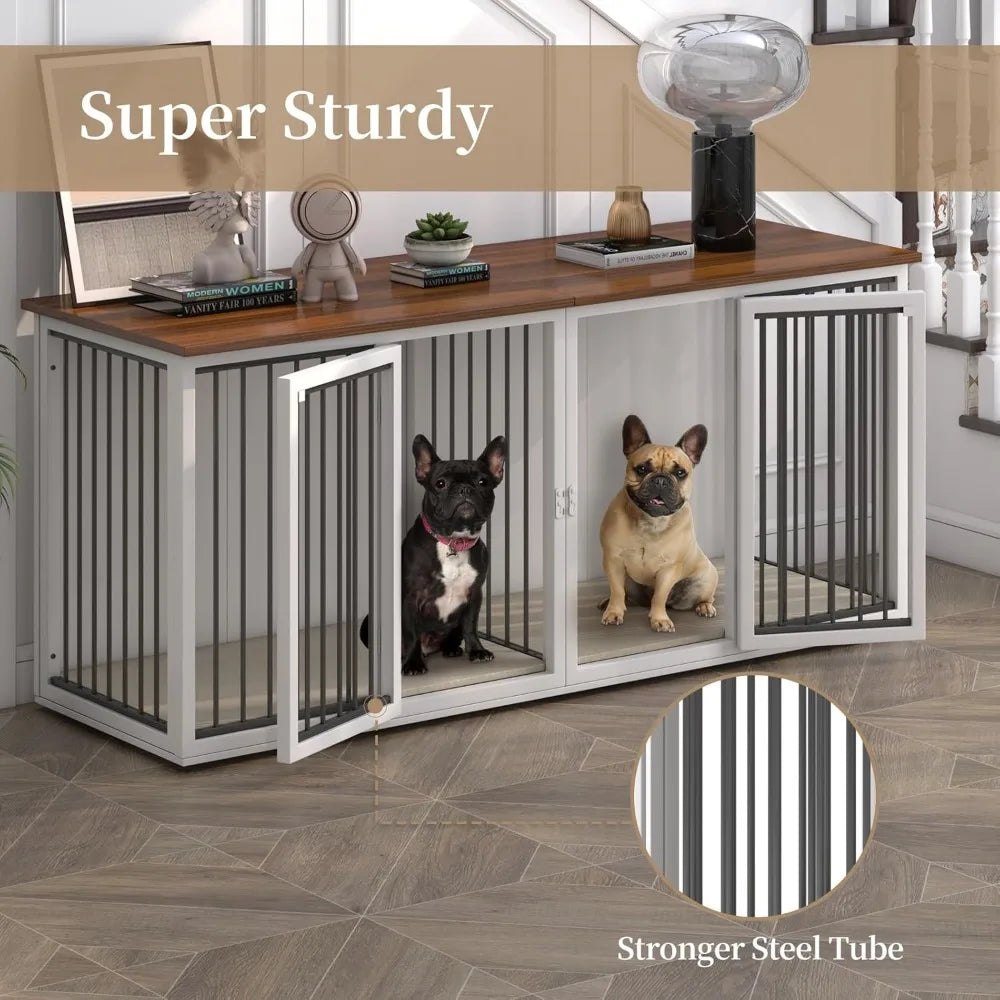 Large Dog Crate Furniture for 2 Dogs, 71.6'' Steel Frame Dog Crate with Double Doors, Heavy Sturdy Dog Kennel for Small Medium L