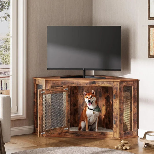 Corner Dog Crate Furniture, Wooden Dogs Kennel End Table, Decorative Pet Crate Indoor Use, Furniture Style Dogs House