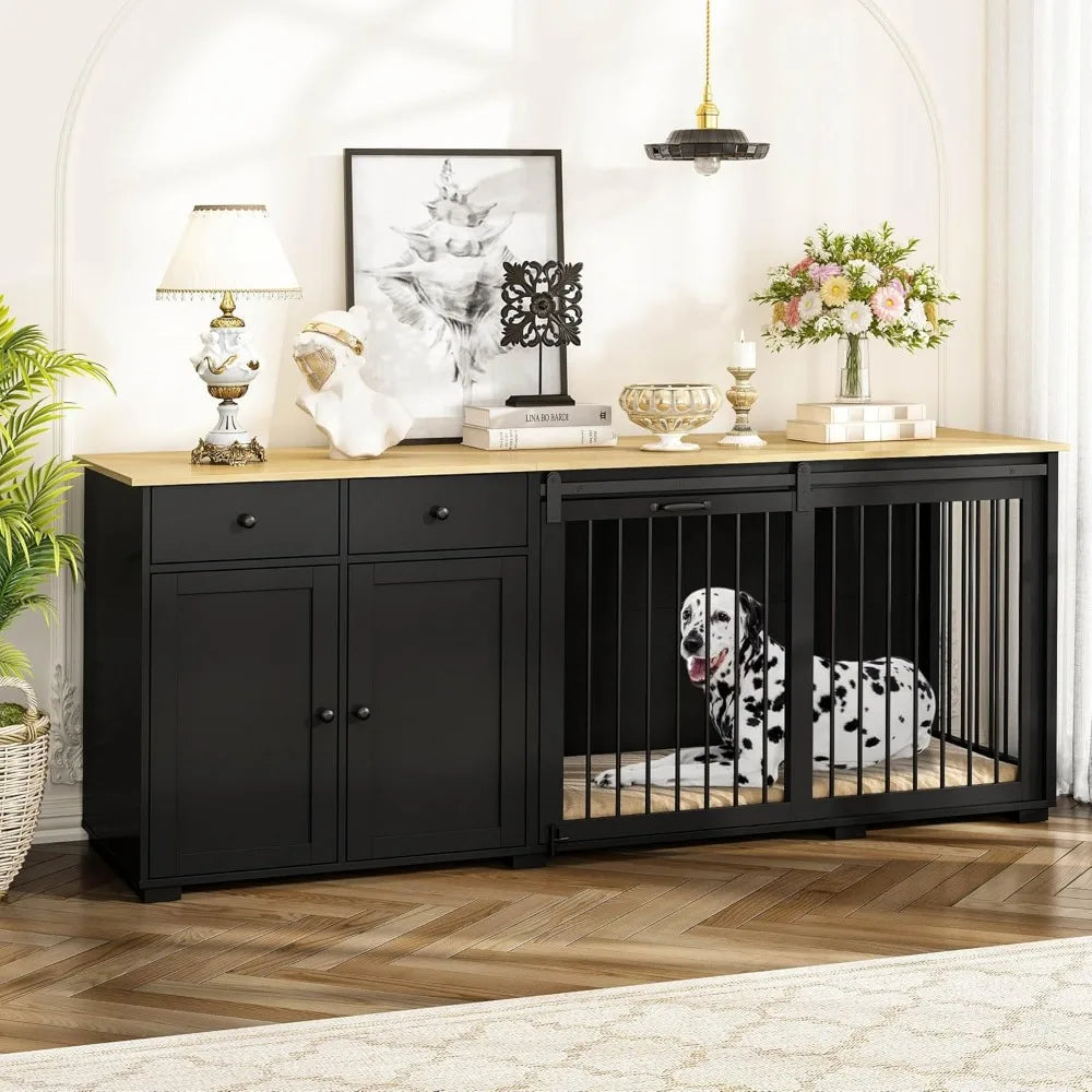large dog crate funiture with drawers, 78.7" luxury wooden heavy duty dog kennel table furniture with sliding door, indoor dog h