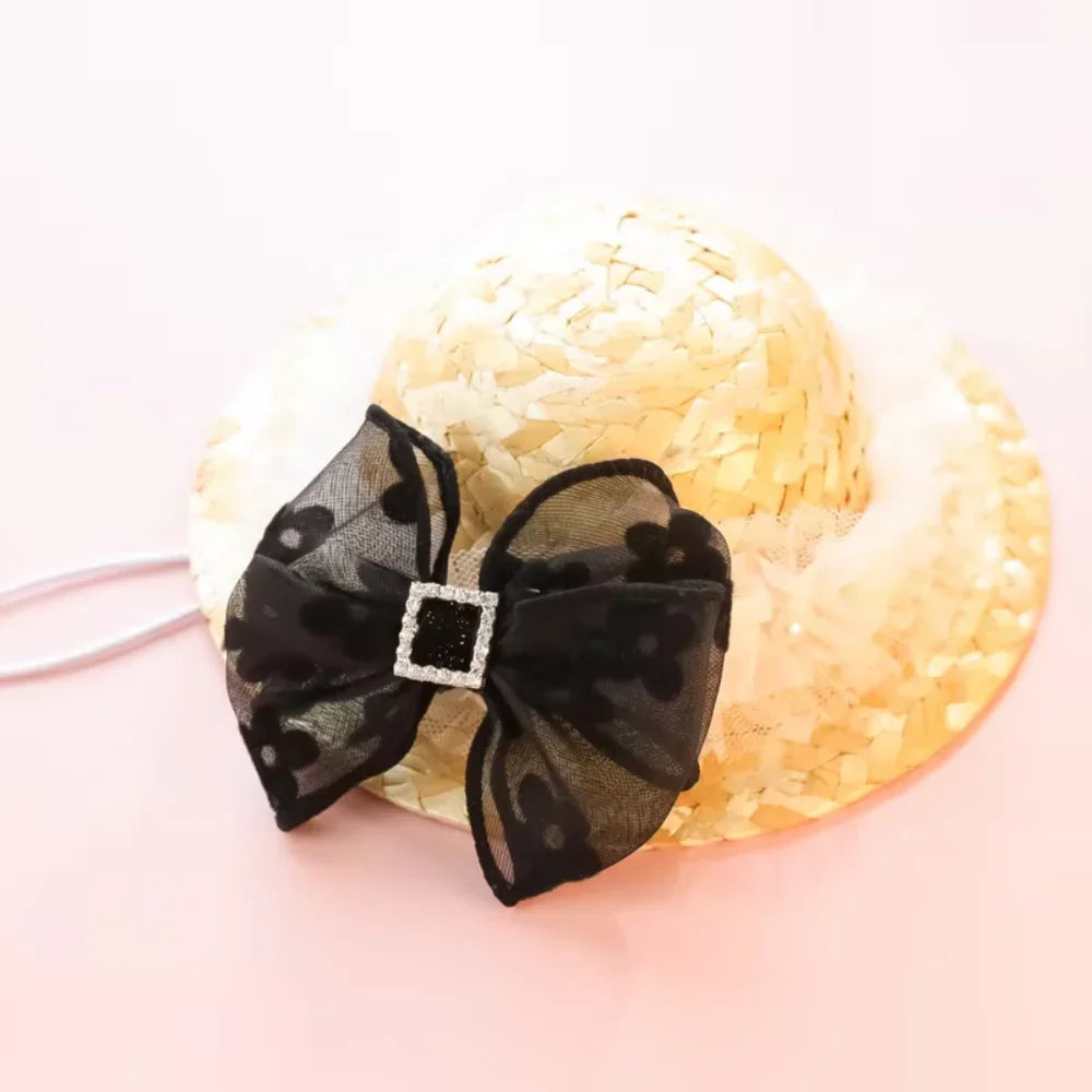 Ins  Dog Hat Pet Clothes Accessories Weave Lace  Sunshade Cute Pet Straw Hat  High   Provide Dog step Corbata para mascotas Ties