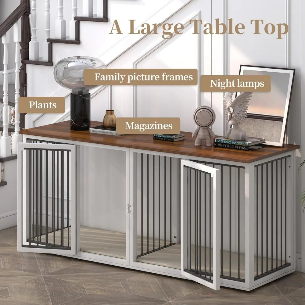 Large Dog Crate Furniture for 2 Dogs, 71.6'' Steel Frame Dog Crate with Double Doors, Heavy Sturdy Dog Kennel for Small Medium L