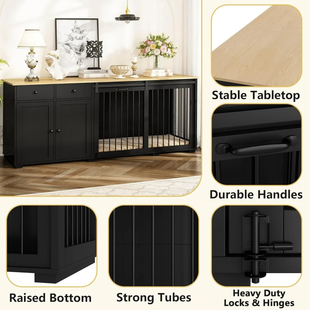 large dog crate funiture with drawers, 78.7" luxury wooden heavy duty dog kennel table furniture with sliding door, indoor dog h