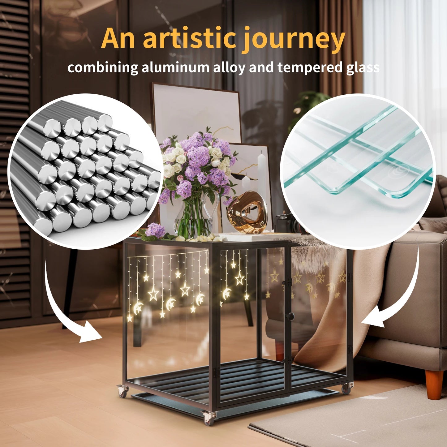 First Tempered Glass Dog Crate with Aluminum Frame Rolling Pet Cage Kennels with 2 Doors and Removable Tray