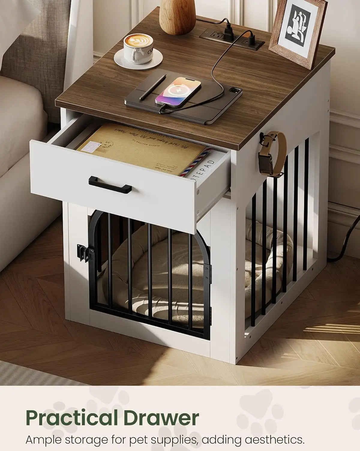 Wooden Dog Crate Furniture with Charging Station & Storage Drawer, White/Walnut, Indoor Pet Crate End Table for Small Breeds