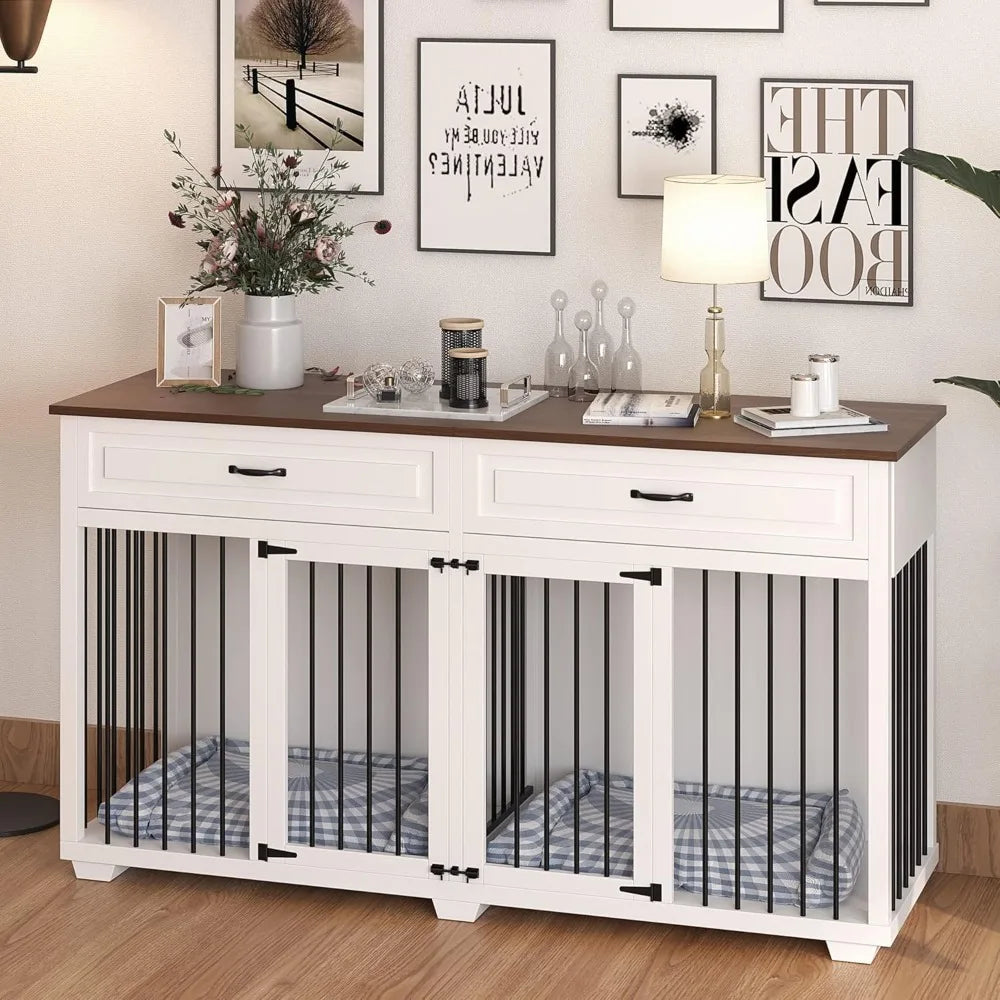 large dog crate furniture, 72.4" wooden dog crate kennel with 2 drawers and divider, xxl heavy duty dog crates cage furniture f