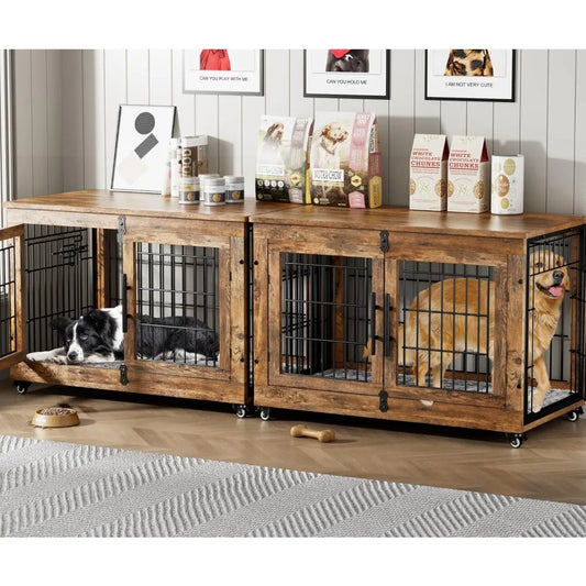 Dog Crate Furniture Set of 2, Dog Kennel Indoor Double Doors Wooden Dog Cage, 38'' Heavy Duty Crate with Cushion & Wheels