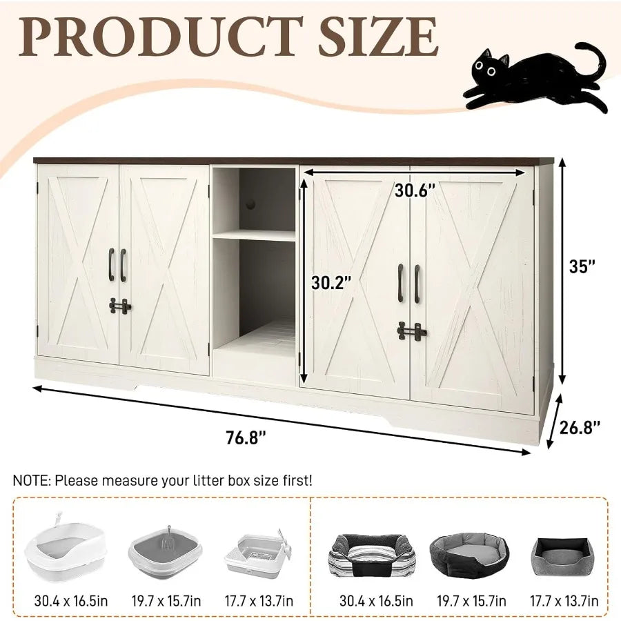 76 Inch Large Cat Litter Box Enclosure Designed for Two Cats with Integrated Power Outlets Double Wooden Pet Washroom Furniture