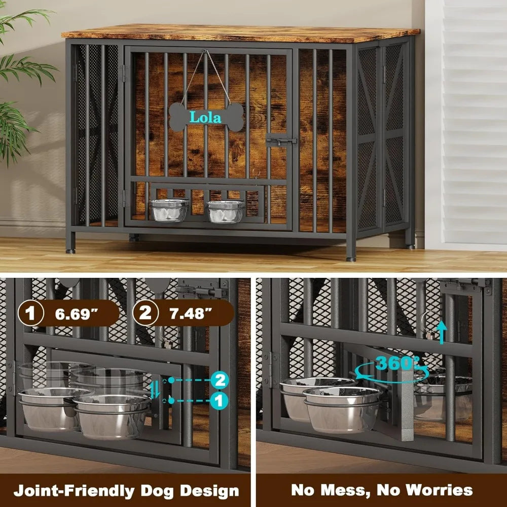 foldable large dog crate furniture, 41.3" assembly-free dog crates for large dogs, wooden dog kennel indoor with tag & dog bowl