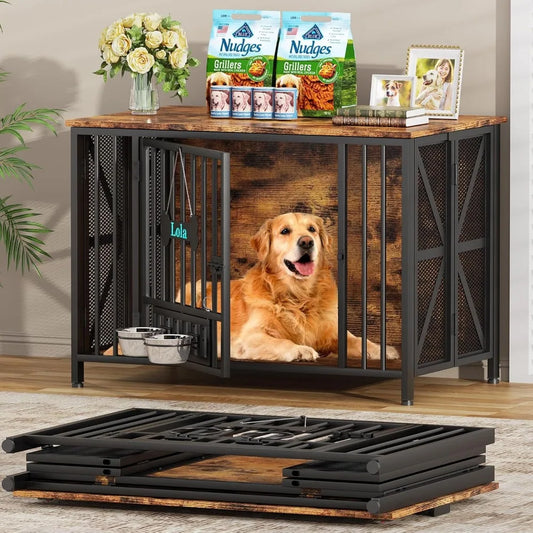 foldable large dog crate furniture, 41.3" assembly-free dog crates for large dogs, wooden dog kennel indoor with tag & dog bowl