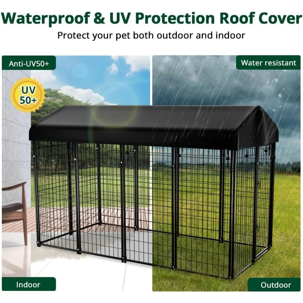 dog kennel outside with roof, 8'x6'x4' outdoor dog kennels for large dogs, heavty duty welded dog crate playpen with uv-resistan