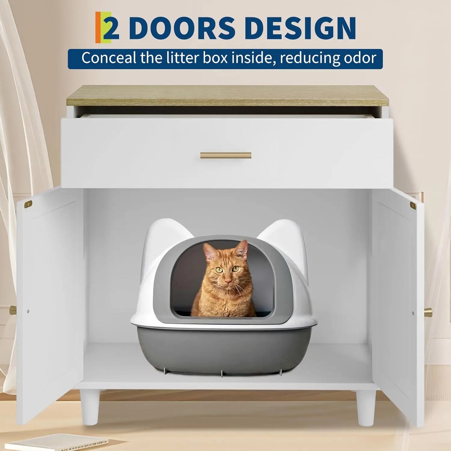 Hidden Cat Litter Box Enclosure Wooden Corner Cabinet Large Storage Drawer & Sisal Scratching Doors Cat Washroom Side Table