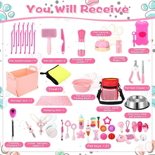 65 Pcs Puppy Supplies Starter Kit Small Dog Essentials Includes Dog Leash Toys Bowl Brushes Water Bottles pet Blankets Puppy Ac