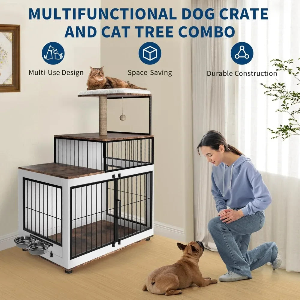 Dog Crate Large Furniture Kennel XL, with Cat Scratching Post Resting Platform, 2 Food Bowl, 2 in 1 Wooden Pet Cage House