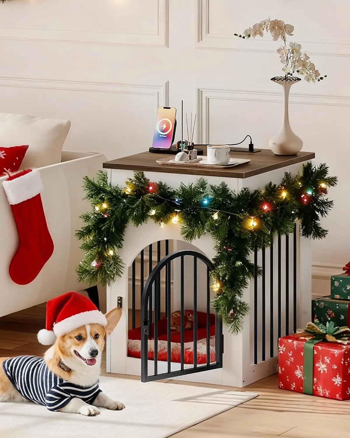 Wooden Dog Crate Furniture with Charging Station & Storage Drawer, White/Walnut, Indoor Pet Crate End Table for Small Breeds