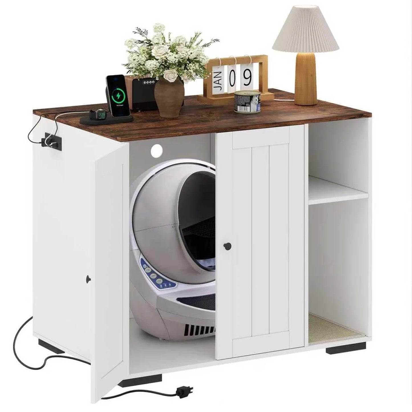 Cat Litter Enclosure For Litter Robot 3/4 Automatic Litter Box Dog-Proof Shelf Power Outlet Litter Collector Easy Assembly