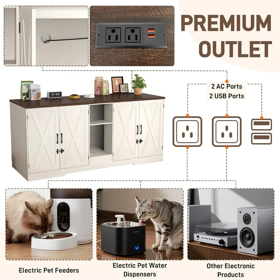76 Inch Large Cat Litter Box Enclosure Designed for Two Cats with Integrated Power Outlets Double Wooden Pet Washroom Furniture