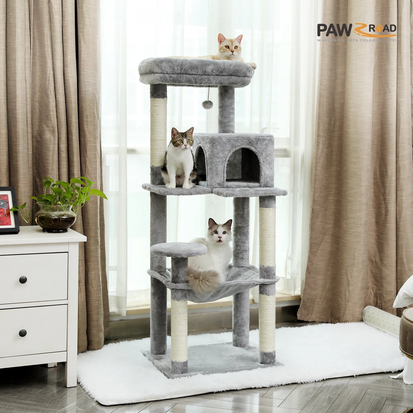 Cat Tree for Indoor Cats 5-Level Cat Tower for Large Cats with Large Hammock Sisal Covered Scratching Posts Cozy Condo Top Perch