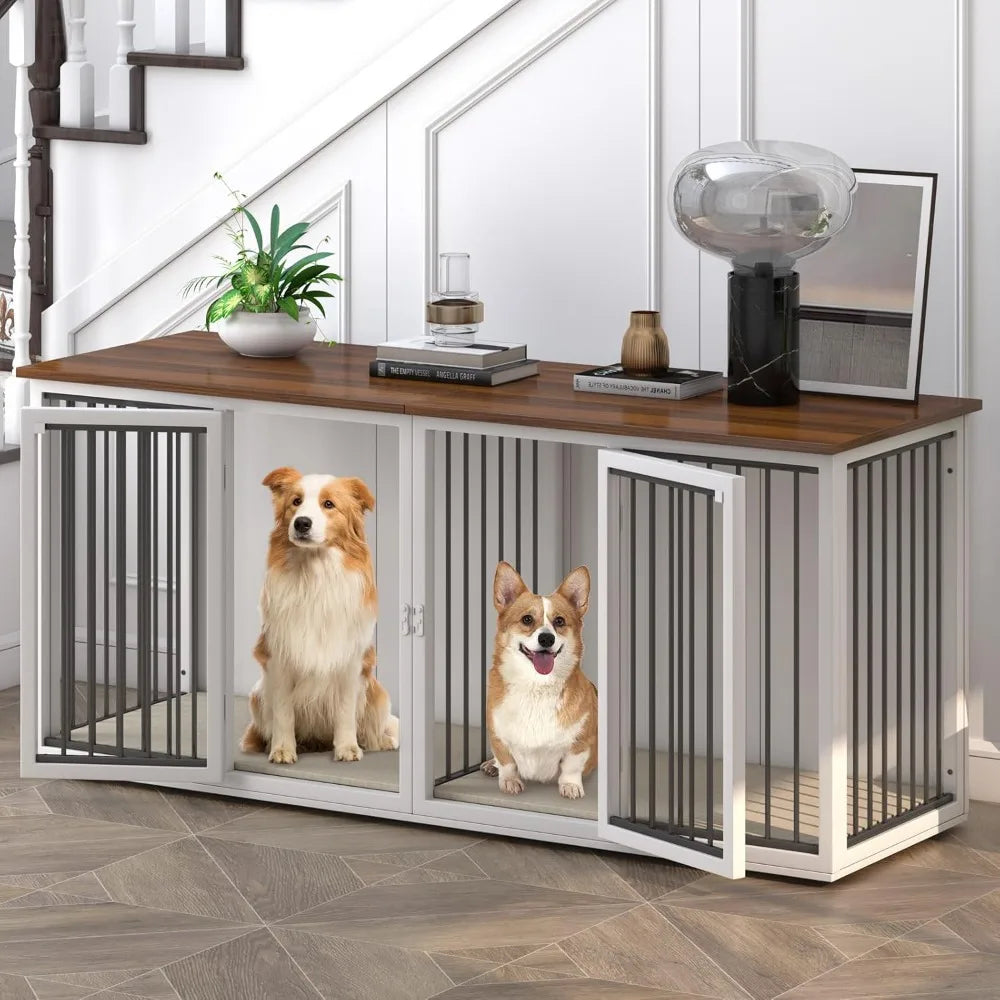Large Dog Crate Furniture for 2 Dogs, 71.6'' Steel Frame Dog Crate with Double Doors, Heavy Sturdy Dog Kennel for Small Medium L