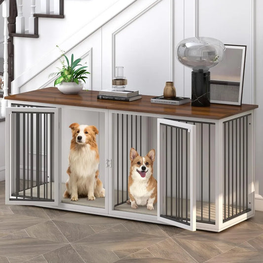 Large Dog Crate Furniture for 2 Dogs, 71.6'' Steel Frame Dog Crate with Double Doors, Heavy Sturdy Dog Kennel for Small Medium L
