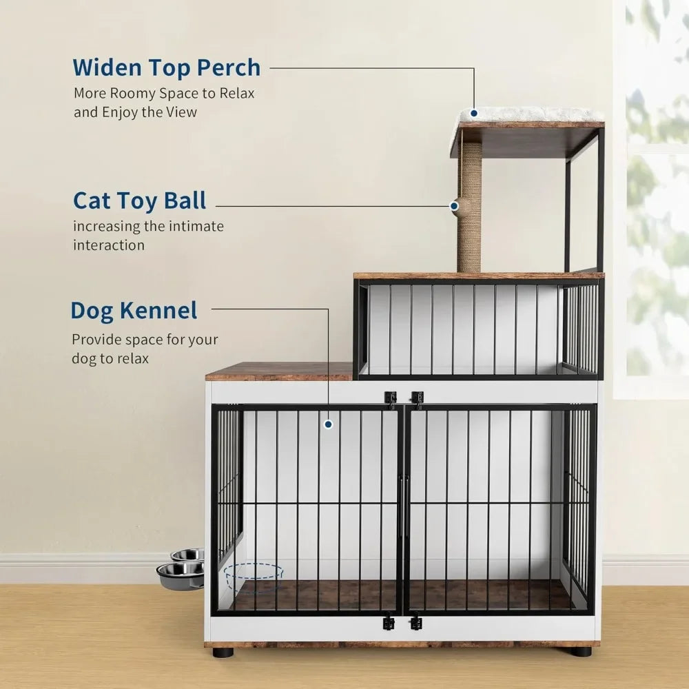 Dog Crate Large Furniture Kennel XL, with Cat Scratching Post Resting Platform, 2 Food Bowl, 2 in 1 Wooden Pet Cage House