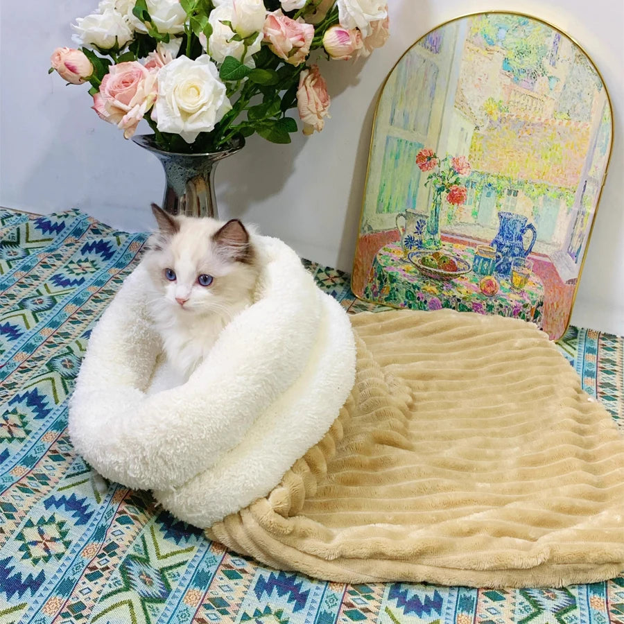 Cat Winter Sleeping Bag, Soft Plush Cat Sack, 360° Wrap Cat Cave Bed,  Uncharged, Washable Nest Bed for Indoor Cats & Small Dogs