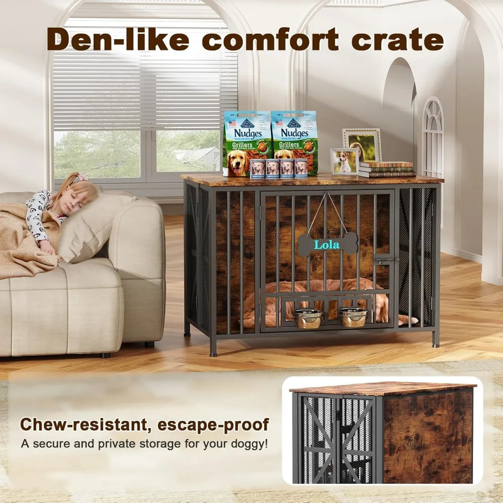 foldable large dog crate furniture, 41.3" assembly-free dog crates for large dogs, wooden dog kennel indoor with tag & dog bowl