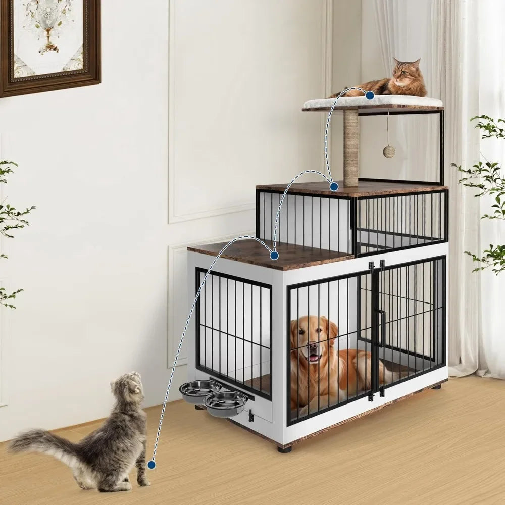 Dog Crate Large Furniture Kennel XL, with Cat Scratching Post Resting Platform, 2 Food Bowl, 2 in 1 Wooden Pet Cage House